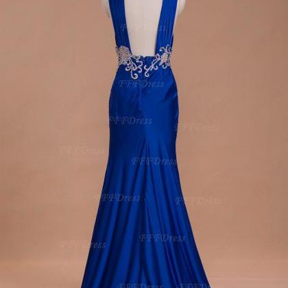 Royal Blue Mermaid Cut Out Prom Dresses Long With Embroidery on Luulla