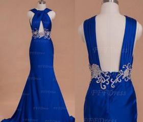 Royal Blue Mermaid Cut Out Prom Dresses Long With Embroidery on Luulla