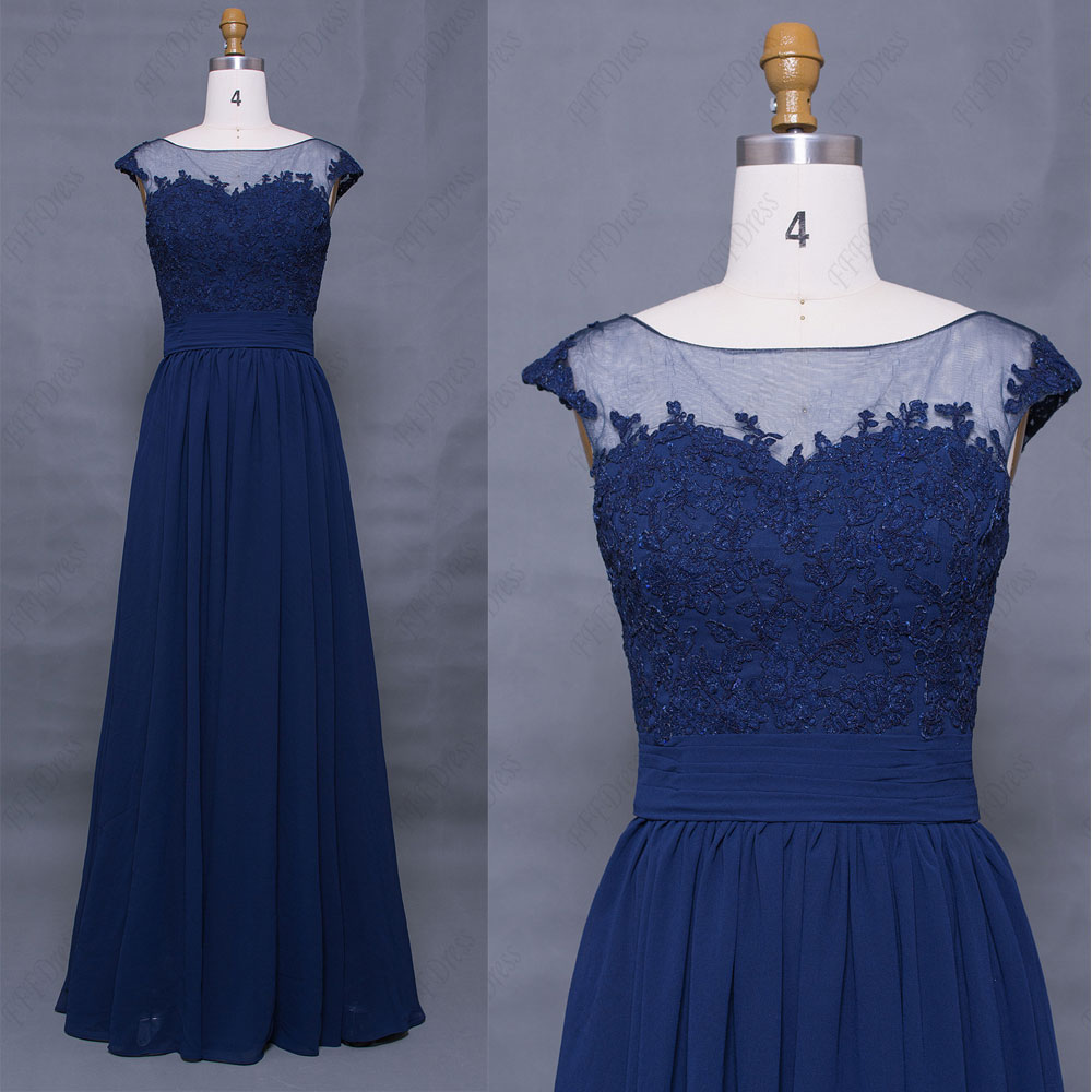 Modest Navy Blue Long Prom Dresses With Cap Sleeves, Bridesmaid Dresses — free download